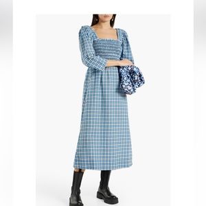 GANNI plaid smocked square neck dress size 40